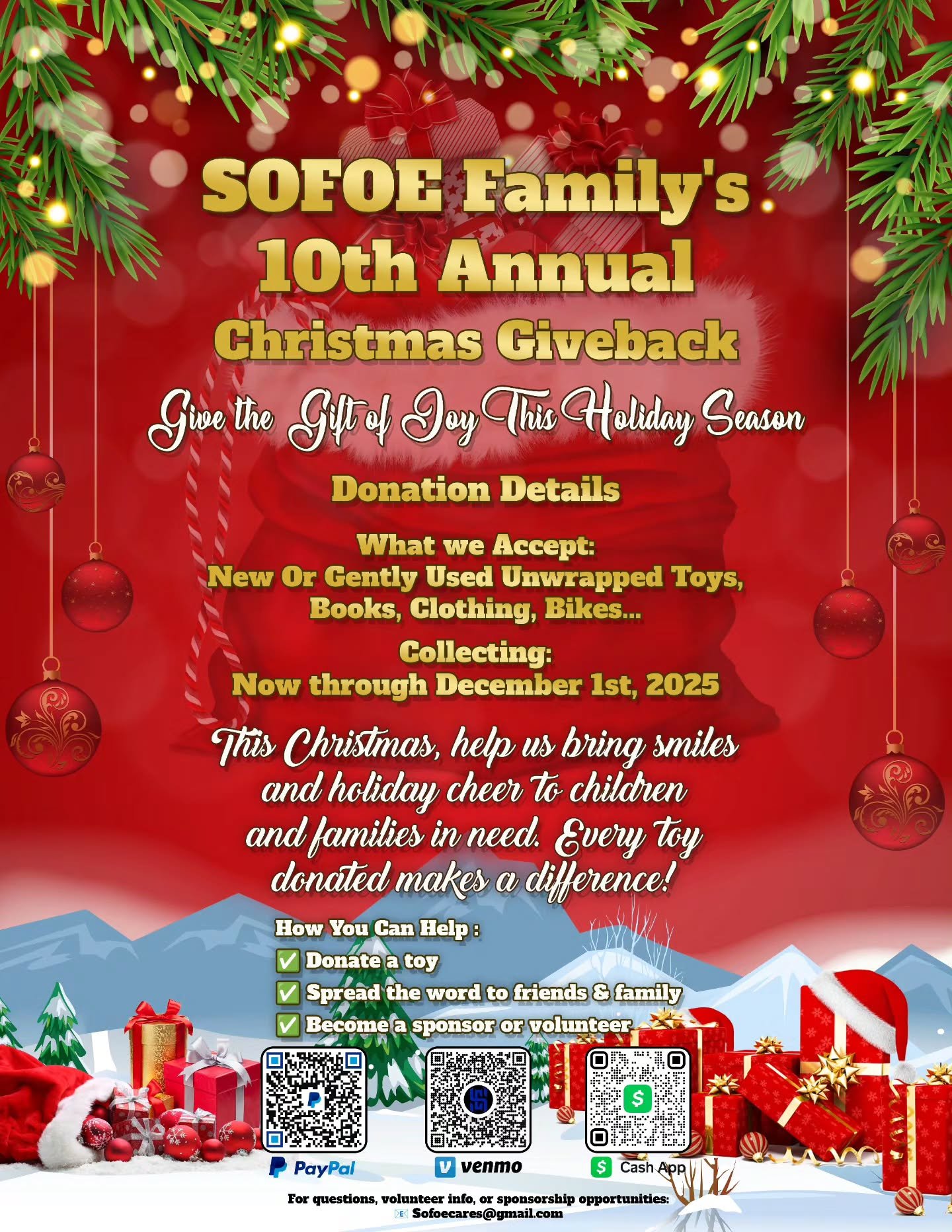 🎄✨ SOFOE Family&rsquo;s Christmas Giveback 🎄✨
This December, we&rsquo;re bringing joy to kids &amp; families across Central Florida but we can&rsquo;t do it without YOU!

🎁 Donate toys, sponsor, or volunteer today!
📧 Sofoecares@gmail.com

Let&rsq