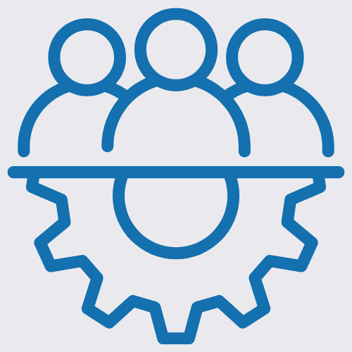 Icon of three people above a gear with a connecting line, symbolizing team management or collaboration.