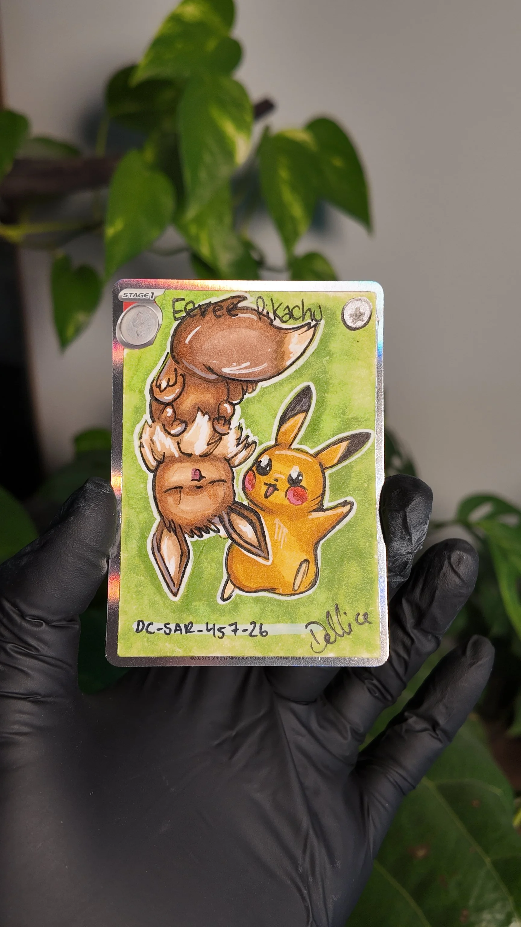 One of one Eevee Pikachu Special Art Hand Drawn Pokémon Card