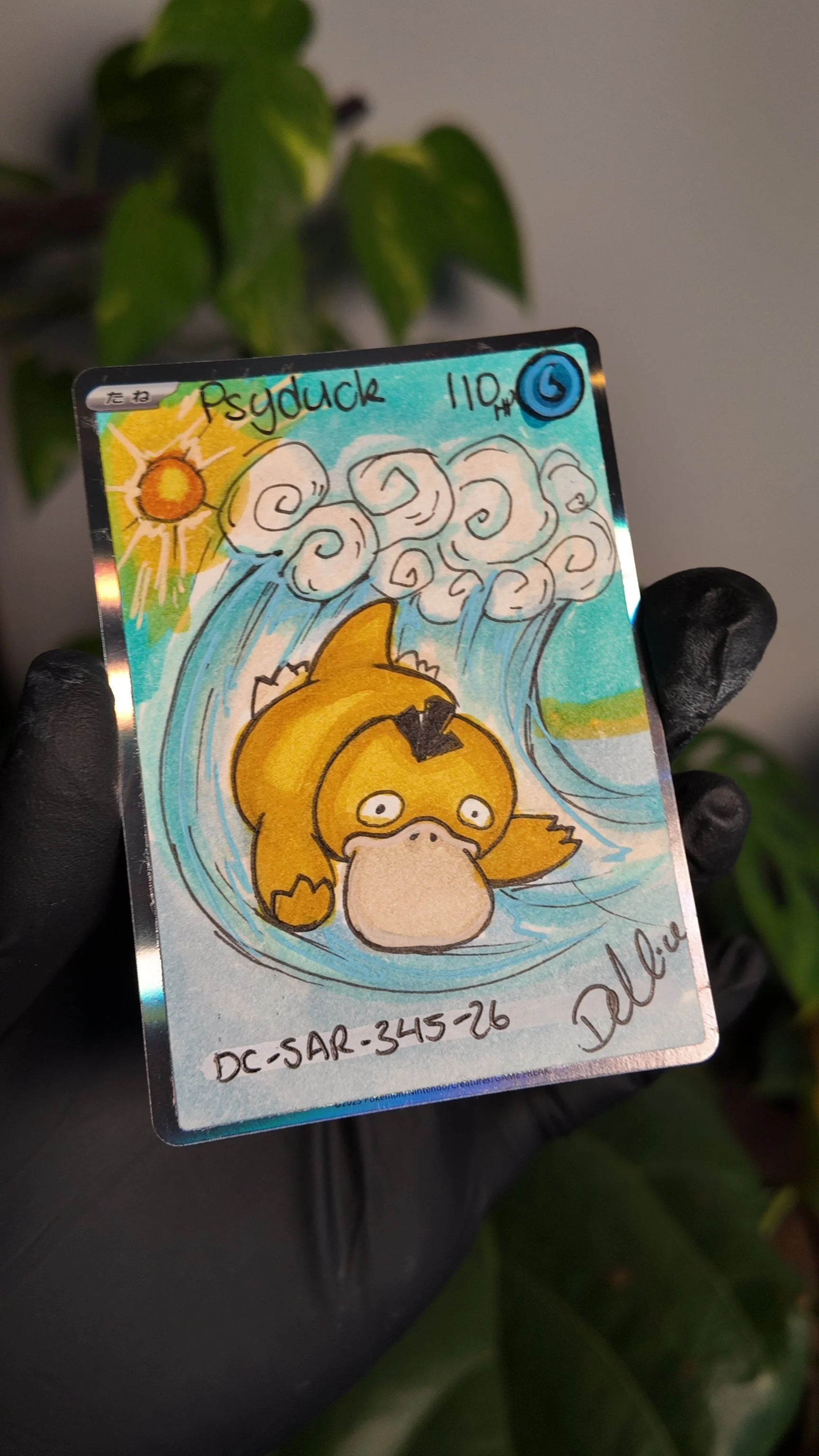 One of one Psyduck surfs Special Art Hand Drawn Pokémon Card