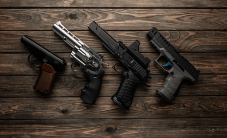 Four handguns laid out on a wooden surface, with varying designs and colors.