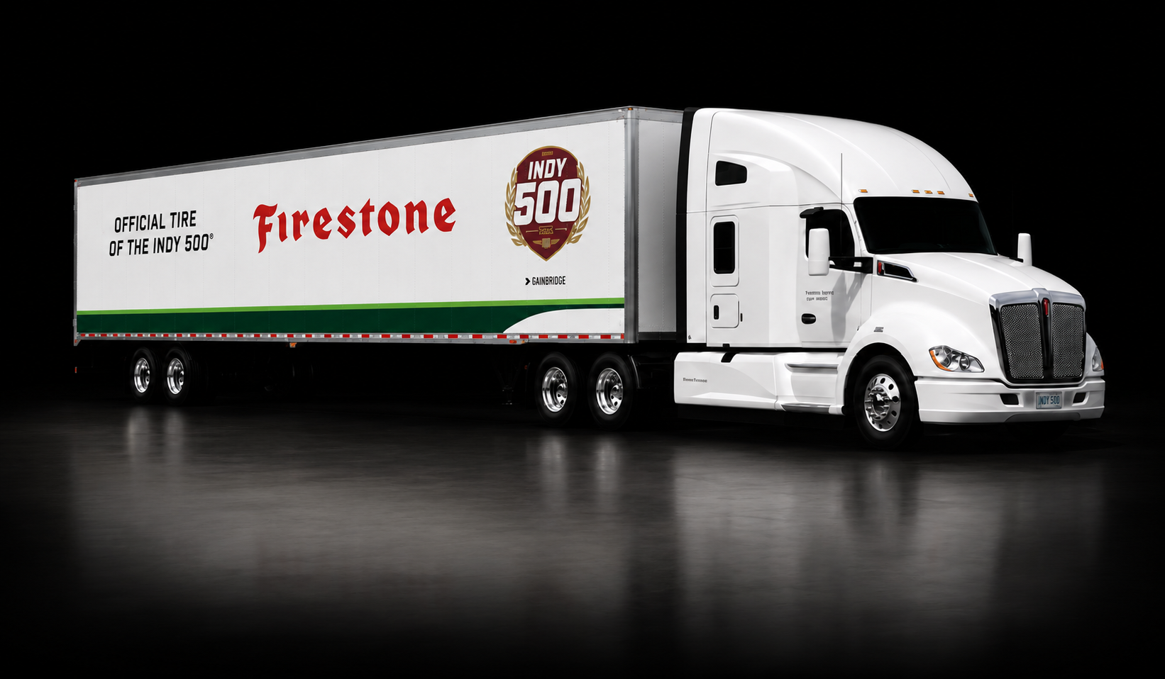 Firestone Indy 500 semi-trailer with custom commercial graphics and branding by Indy Wrap Works.