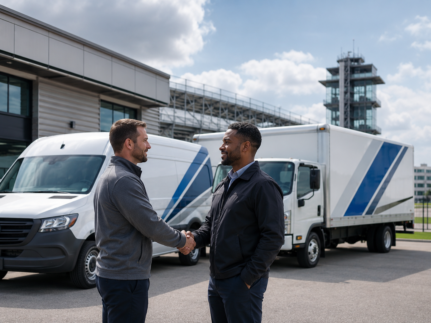 Business owners shaking hands beside professionally wrapped commercial fleet vehicles in Indianapolis.