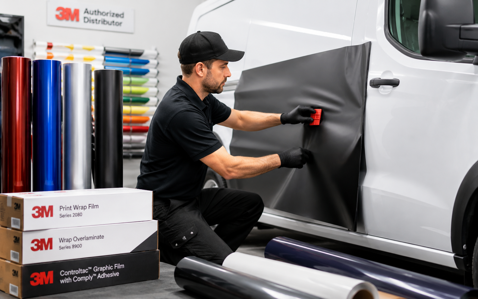 Professional installer applying black 3M vehicle wrap film to a commercial van at Indy Wrap Works.