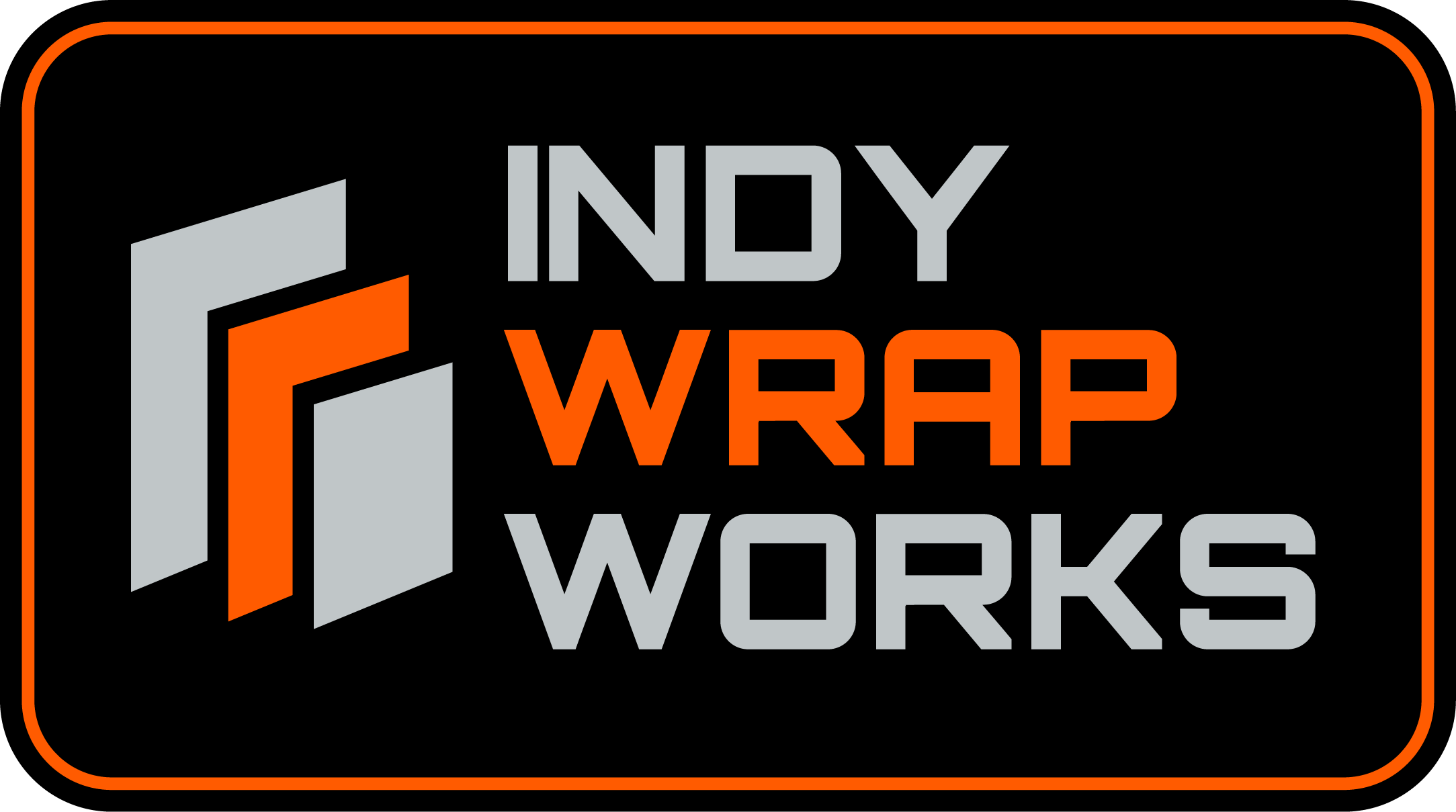 Logo for Indy Wrap Works featuring a stylized wrap design in gray and orange on a black background with an orange border.