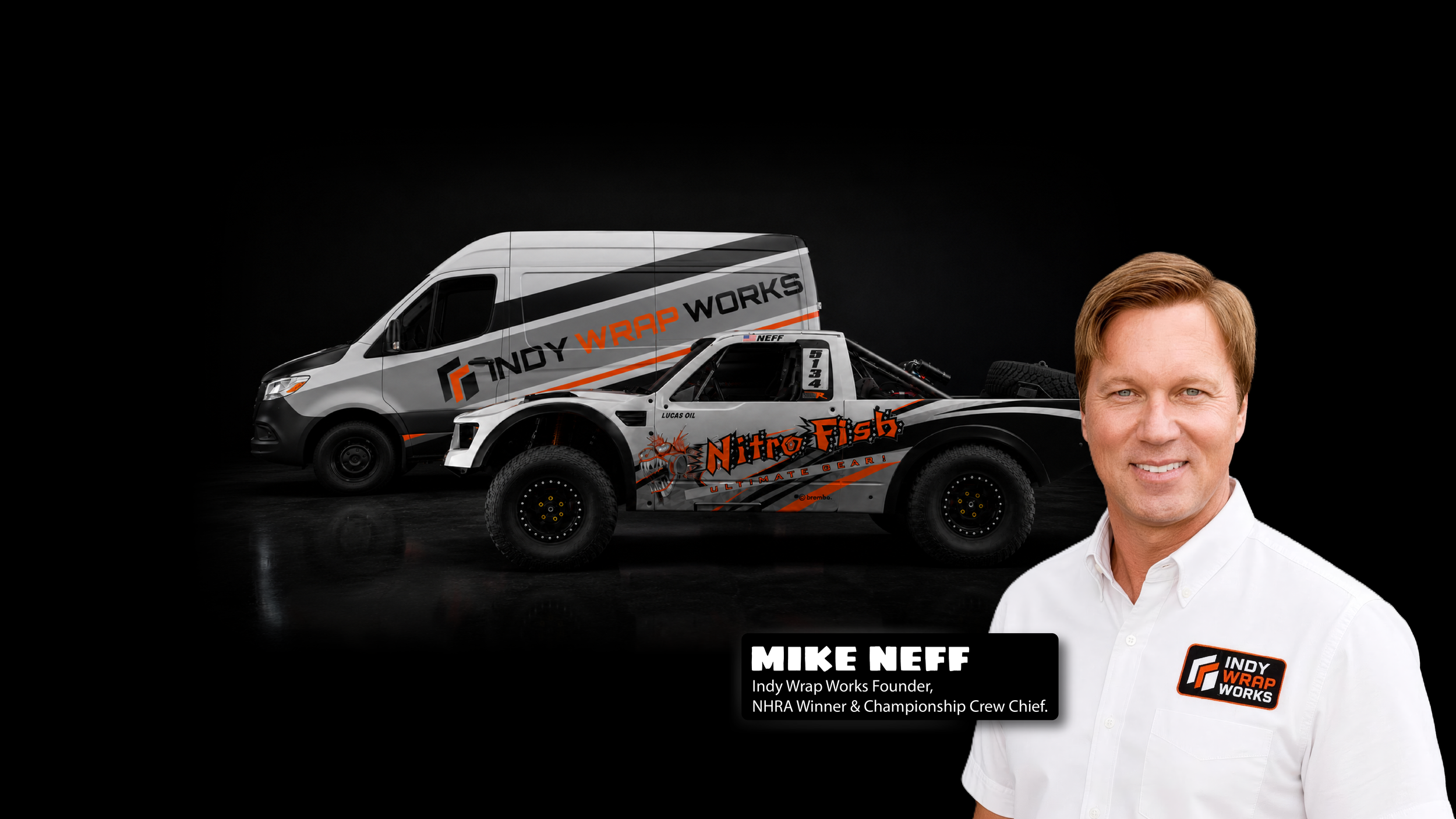 Indy Wrap Works founder Mike Neff beside a custom-wrapped company van and Nitro Fish off-road race truck.