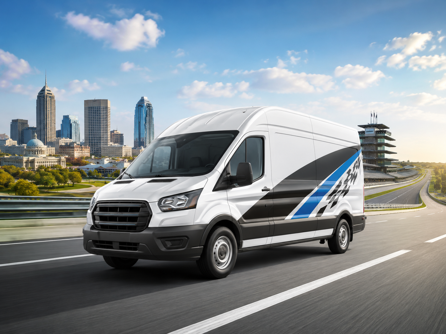 Commercial van with custom racing-inspired vehicle graphics driving past the Indianapolis skyline and Indianapolis Motor Speedway.