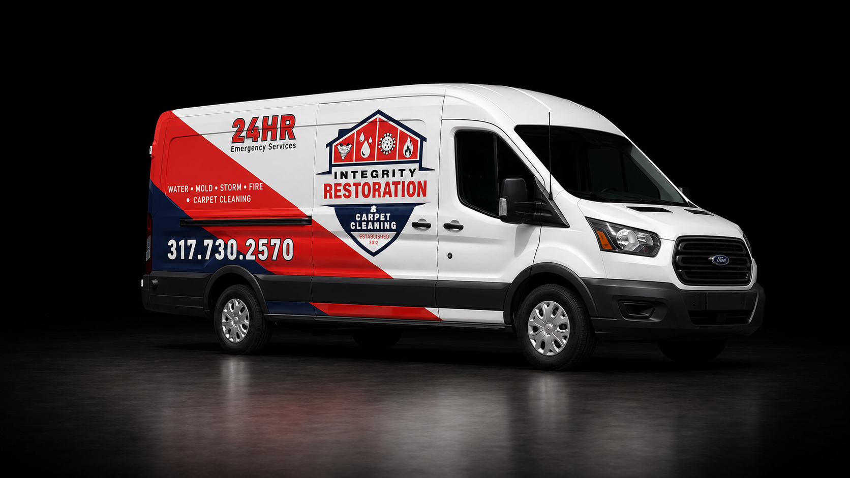 A white service van with red and blue graphics and text promoting a restoration company, parked on a dark background.