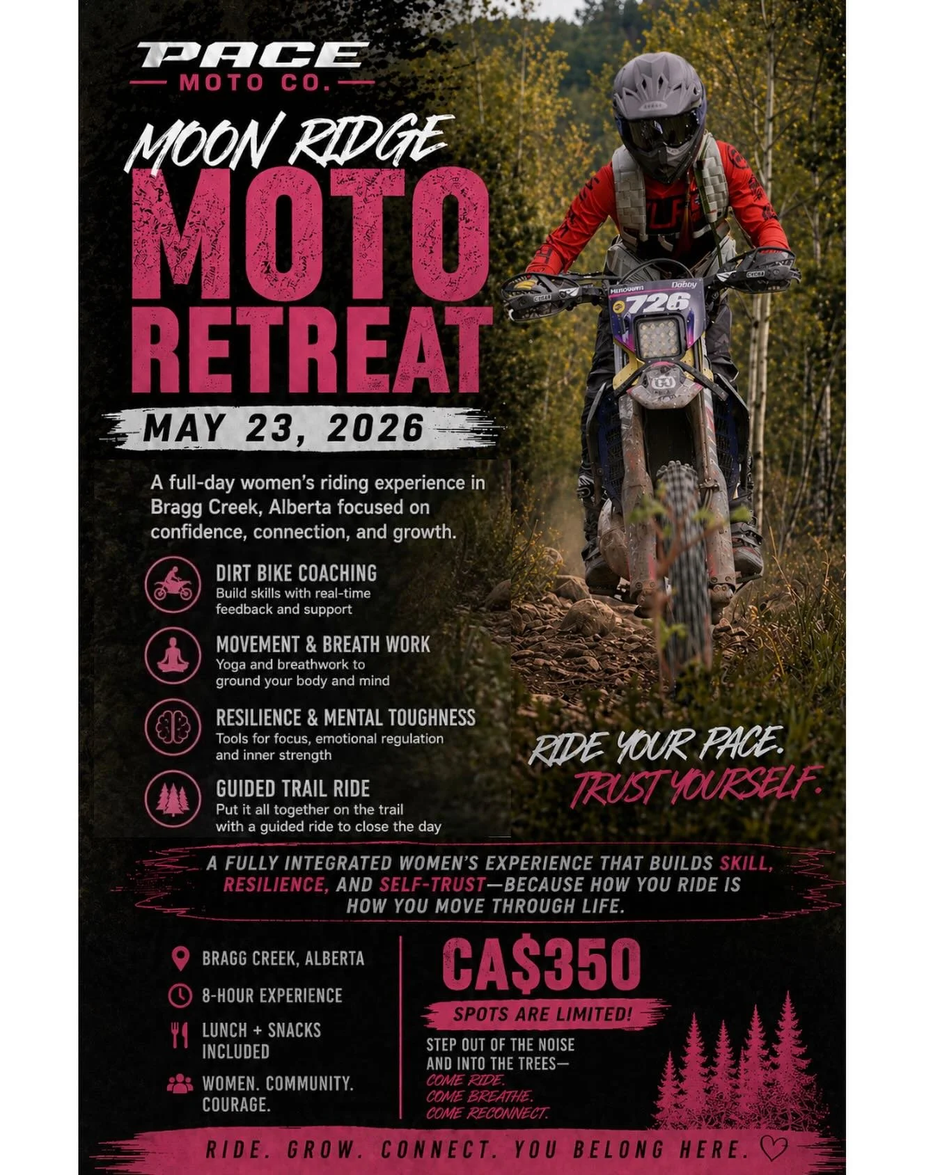 Step out of the noise and into the trees.

Join us at Moon Ridge Moto Ranch on May 23, 2026 for a full-day women&rsquo;s riding experience in Bragg Creek, Alberta.

Link in Bio for more details!