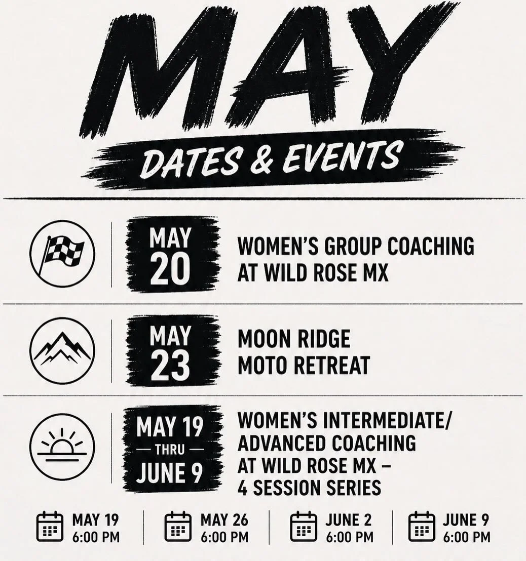 May is finally here 🌸

McLean Creek is officially opening and race season is kicking off!

Upcoming May Events:

May 20 &mdash; Women&rsquo;s Group Coaching at Wild Rose MX
A 1.5-hour small group session suitable for all levels. Come build confidenc
