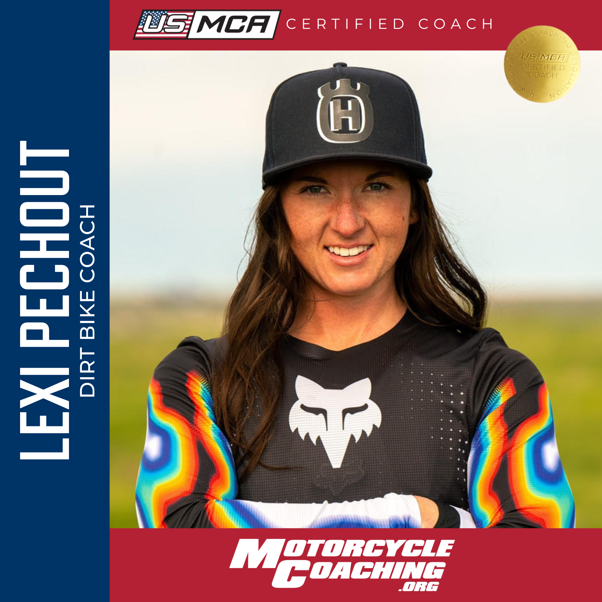A woman with long brown hair, wearing a black cap and a black athletic jersey with a white fox logo, standing outdoors with a blurred natural background. The image promotes Lexi Pechoh, a dirt bike coach, associated with USMCA and MotorcycleCoaching.org.