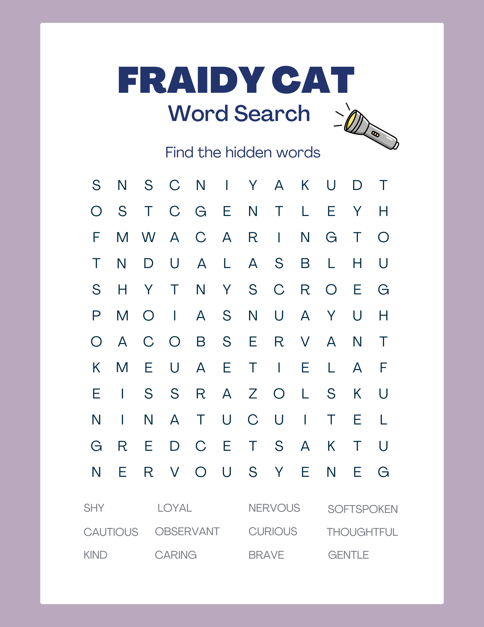 Fraidy Cat Word Search