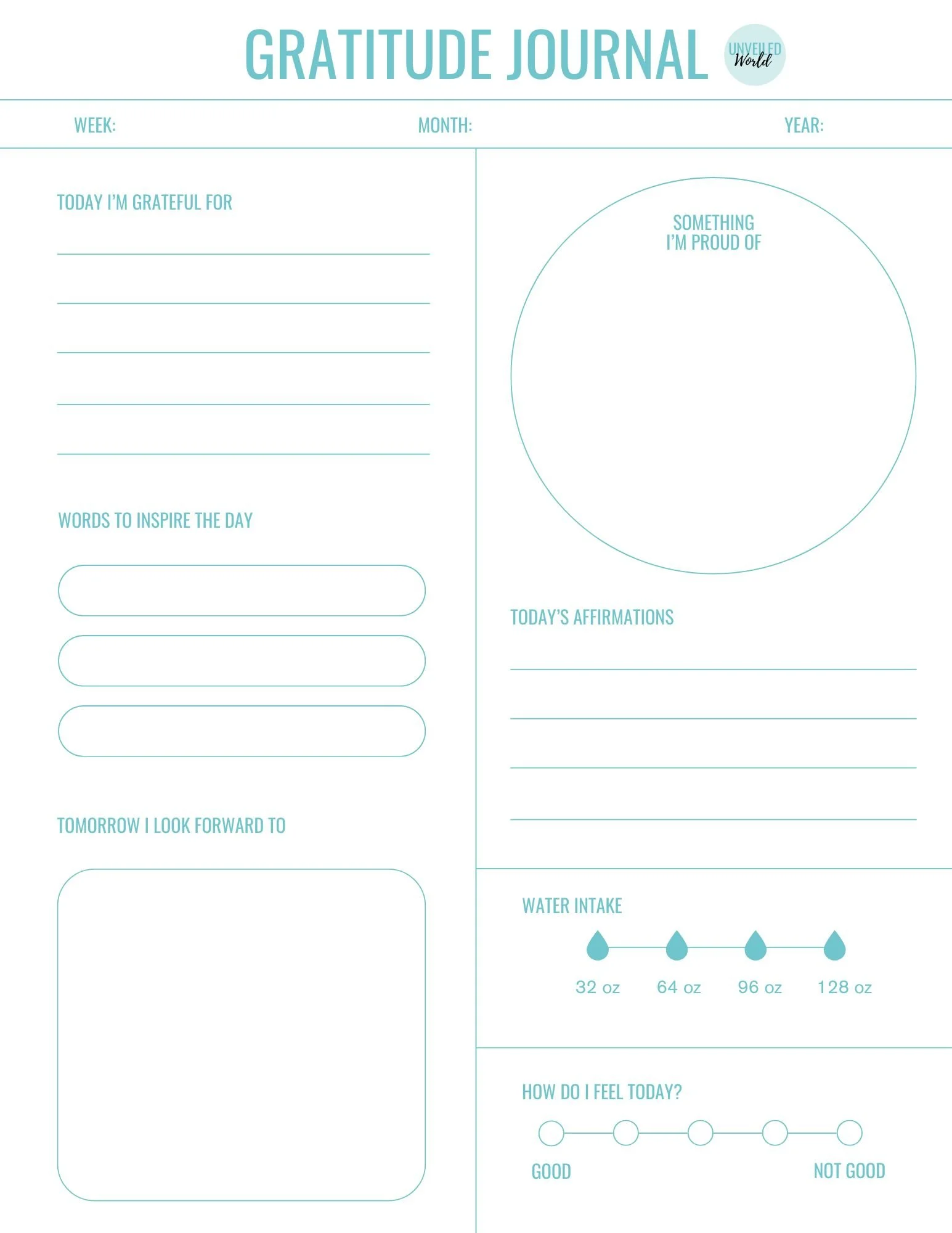 Printable one-page gratitude journal sheet with gentle prompts for daily reflection and self-awareness