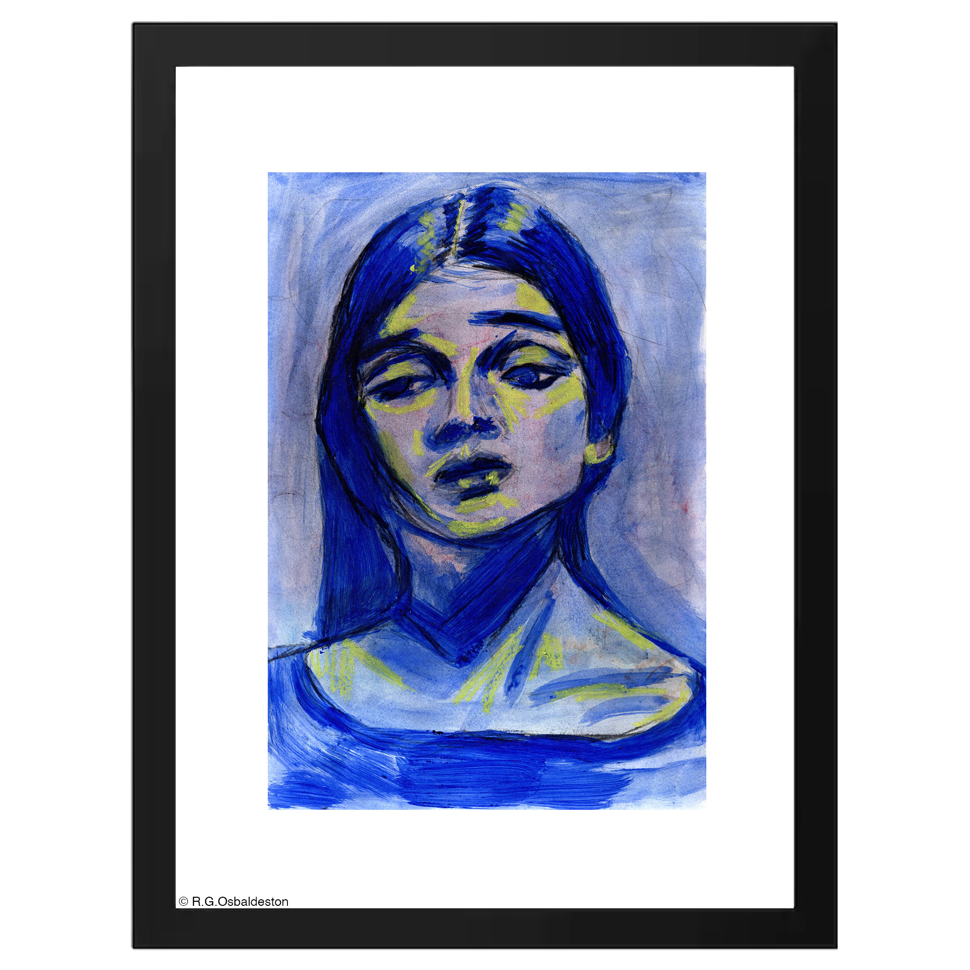 A portrait of a woman with long dark hair, depicted in a blue and yellow color scheme, painted in a sketchy, expressive style.