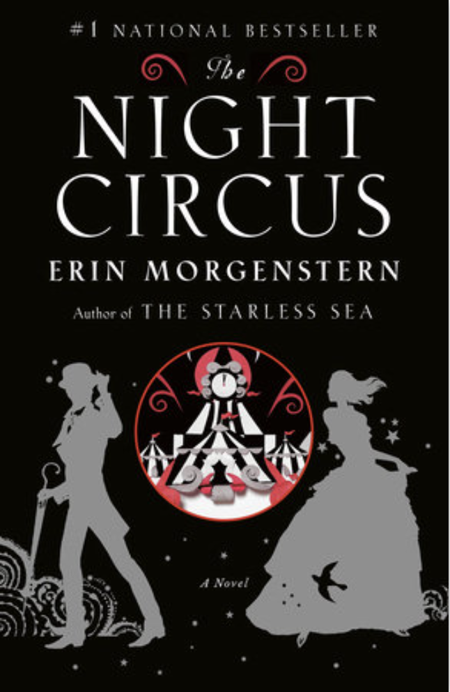 Cover of the book "The Night Circus" by Erin Morgenstern. It features a red, black, and white circus tent framed by the silhouette of a man in a suit and top hat and a woman in a ball gown.