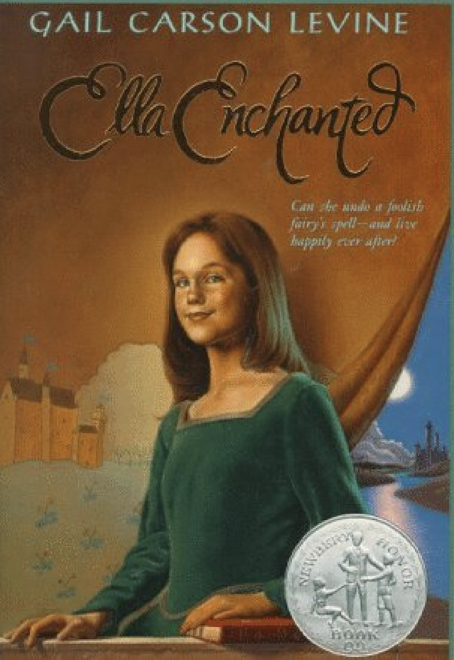 Cover of the book "Ella Enchanted" by Gail Carson Levine. A young girl in a green dress stands at a rail, and a tapestry behind her is pulled a bit open to reveal a river and a castle..