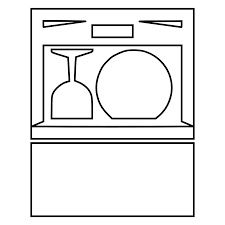 Line drawing of a dish dryer with a wine glass, a plate, and a small shelf above.
