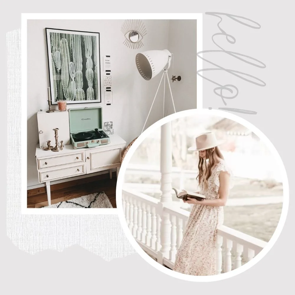 Decorative interior with vintage record player, cactus artwork, and a woman in a floral dress reading a book on a porch.