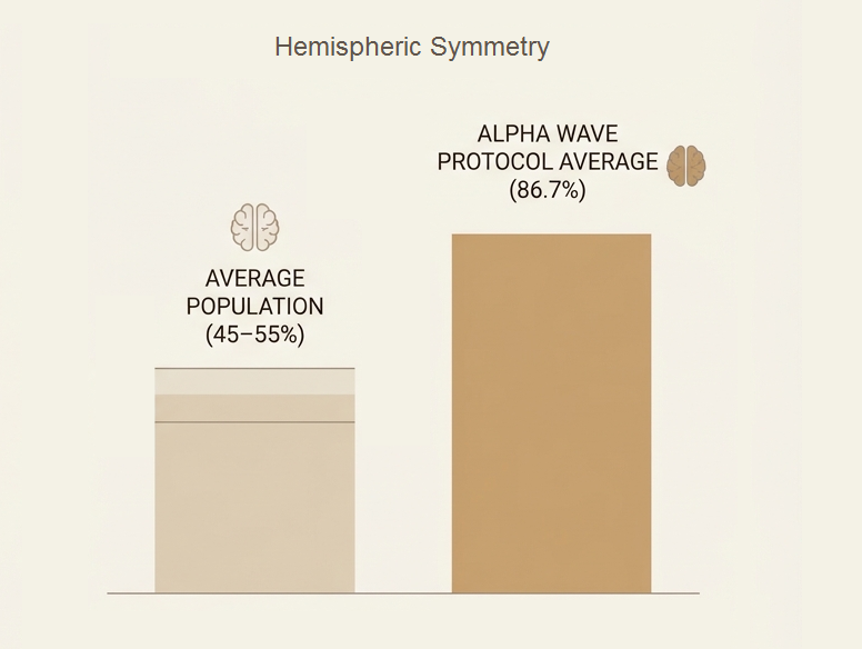 Neuro-analytical chart mapping an eighty-six point seven percent inter-hemispheric symmetry level compared against standard population reference baselines for balanced logical and emotional processing.