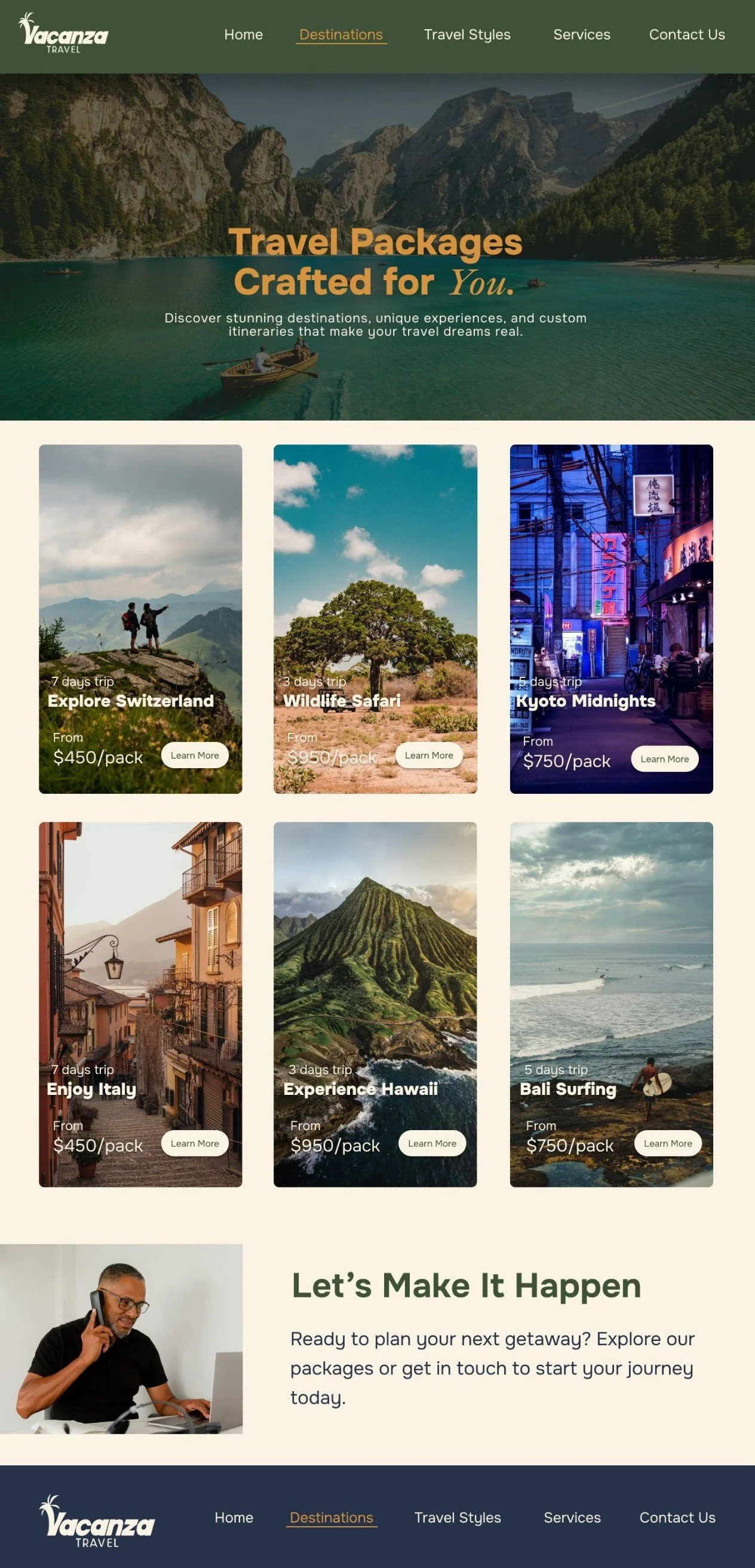 Vacanza website destinations page