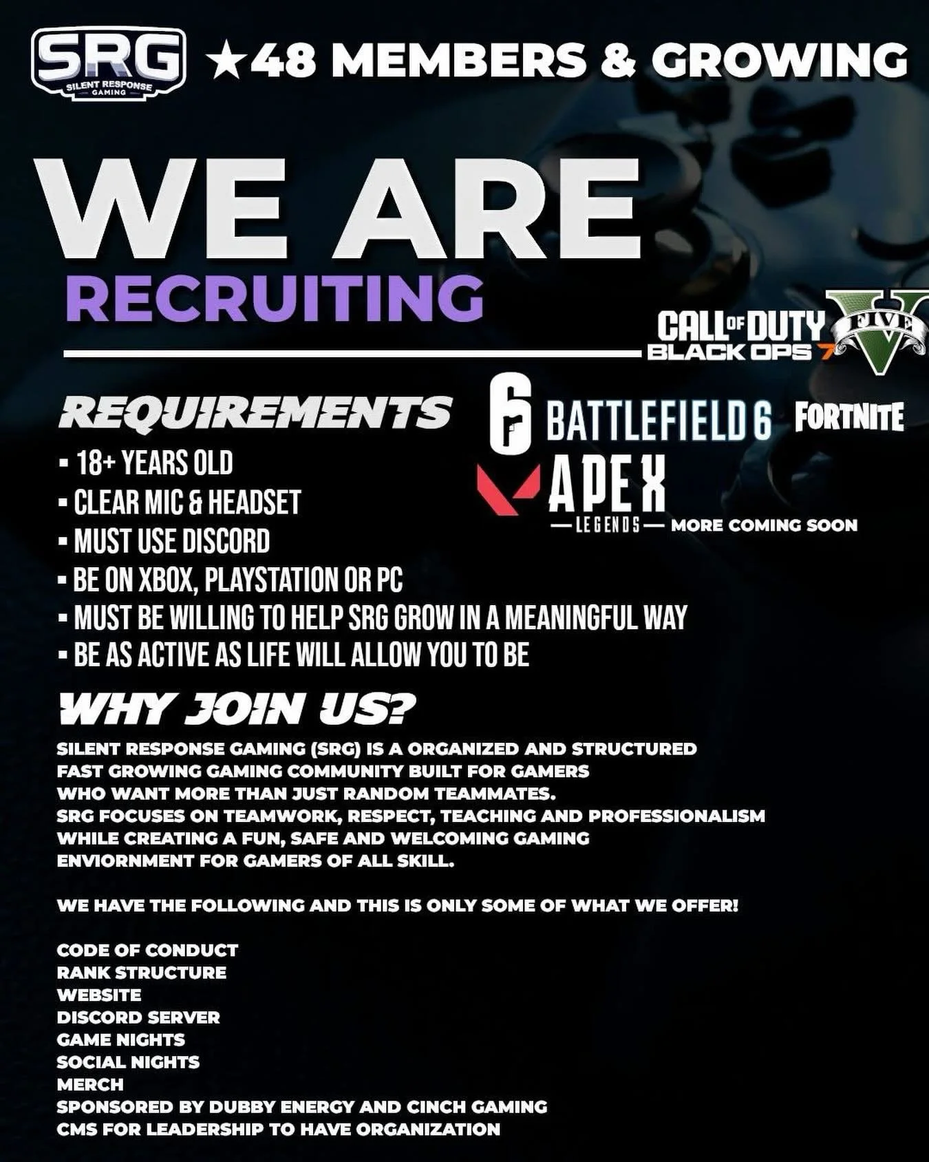 Looking for your next home? Look no further SRG is it. Go to the link in our bio and you can apply and join discord all from our website!

#gaming #casualgamers #gamingcommunity