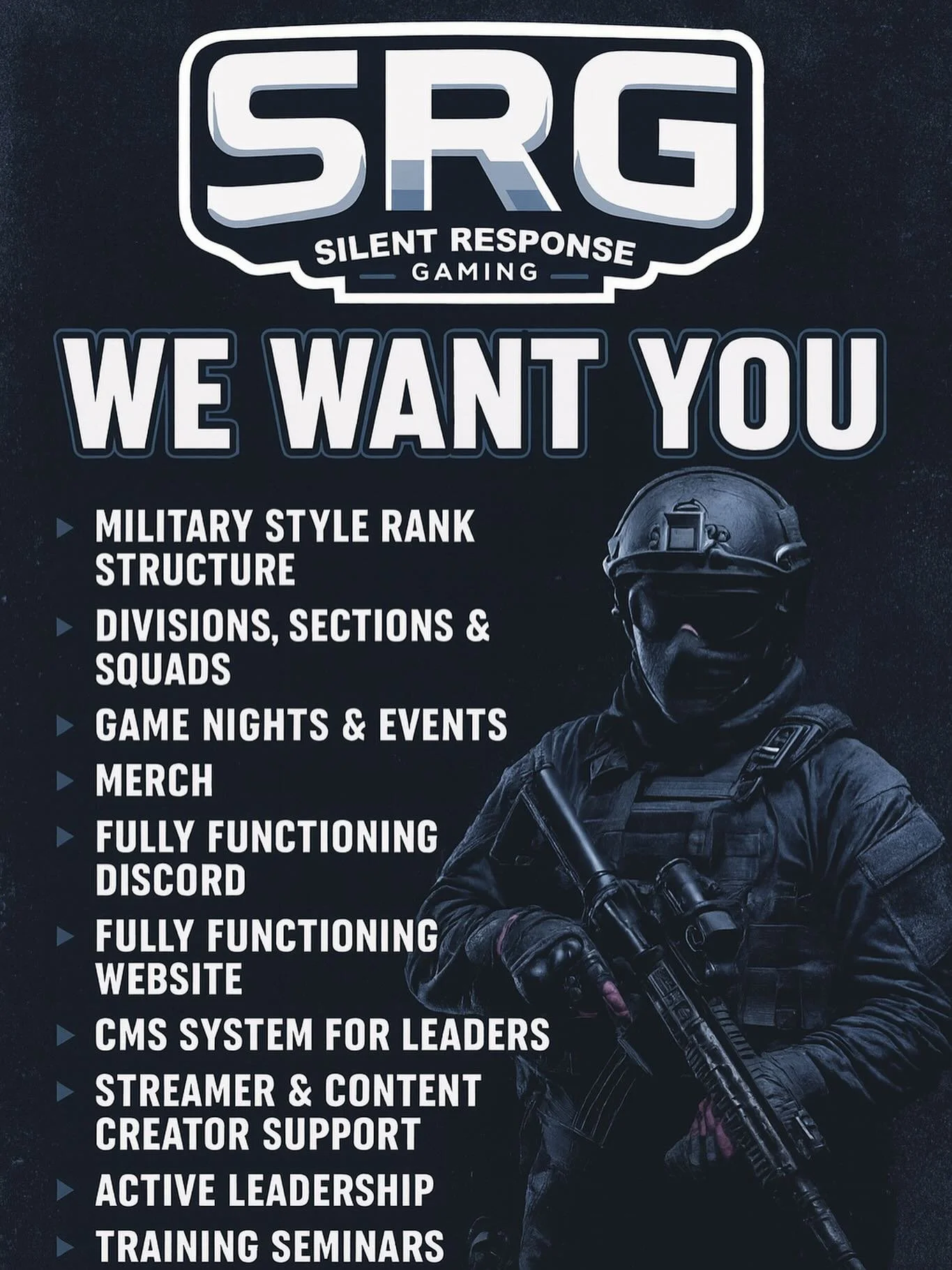🚨 NOW RECRUITING &mdash; SILENT RESPONSE GAMING 🚨

Join SRG today and become part of an elite, structured gaming community committed to discipline, teamwork, and growth.

We operate with:
✔️ Organized Ranks
✔️ Divisions, Sections &amp; Squads
✔️ Co