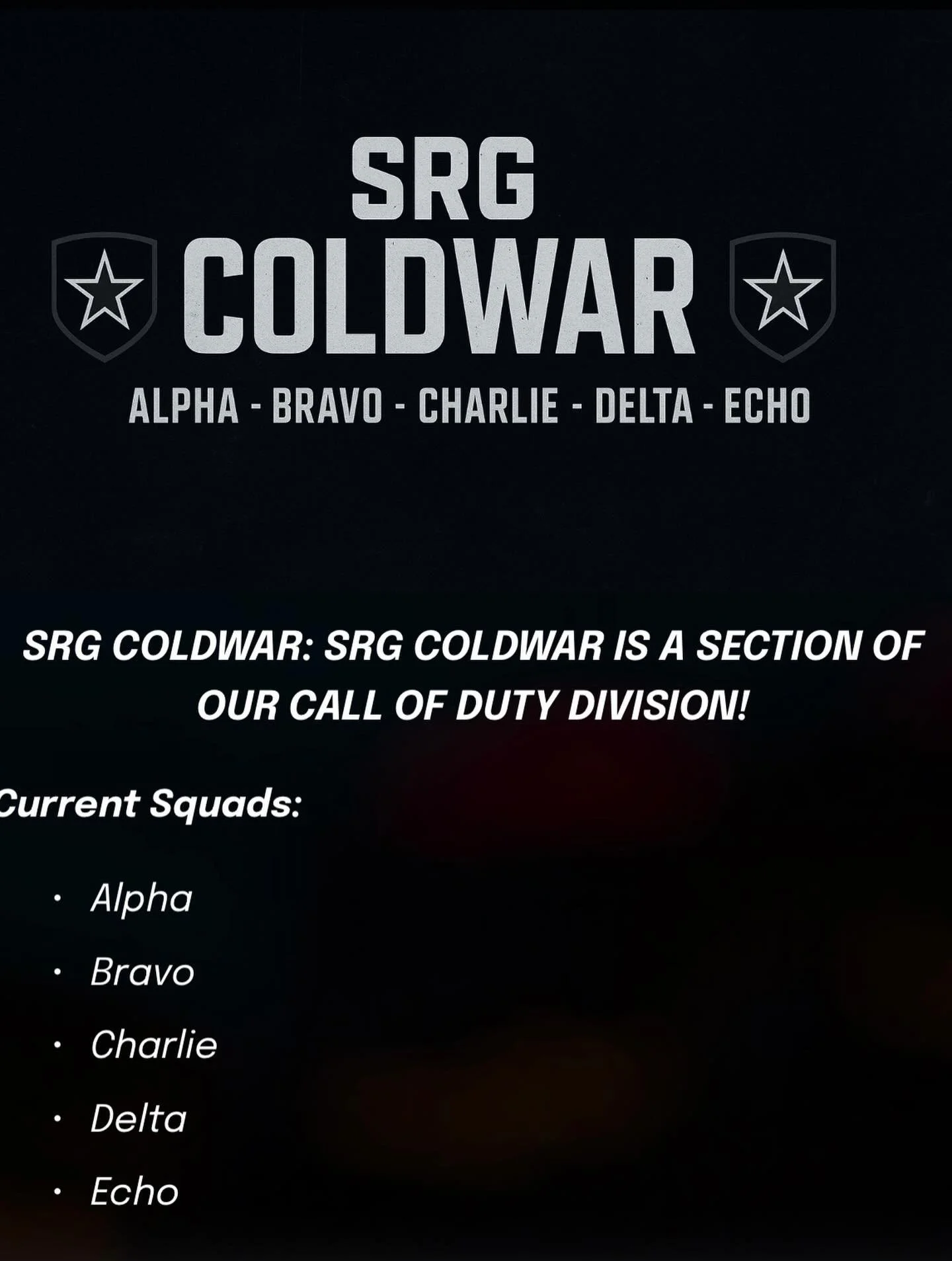 🔥 Silent Response Gaming Update 🔥

We&rsquo;re not recruiting just yet&hellip; but big things are coming 👀💥
Our Call of Duty Division is officially in motion, and SRG Coldwar will be the first section to open when recruitment launches. If you&rsq