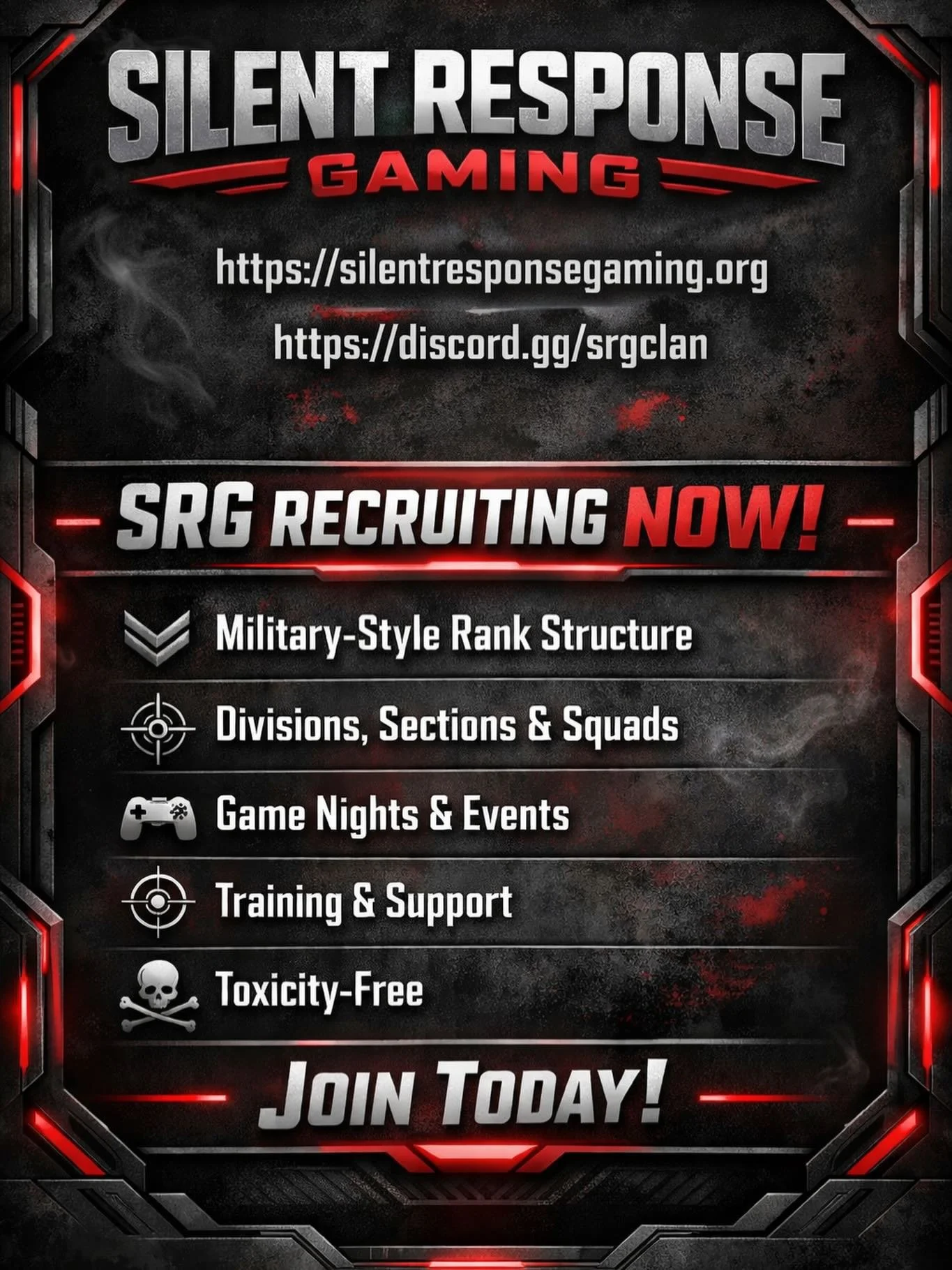 Are you tired of toxic clans, inactive clans, or feeling like just another number? At Silent Response Gaming (SRG), we&rsquo;re building a structured, supportive, and drama-free gaming community where every member matters.

SRG offers:
✅ Military-Sty