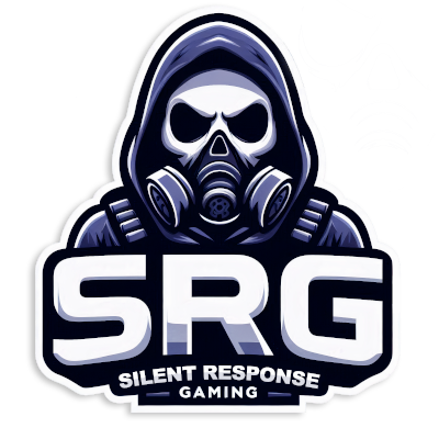 Logo of Silent Response Gaming with a skull face mascot wearing a gas mask and hoodie, and the letters 'SRG' below.