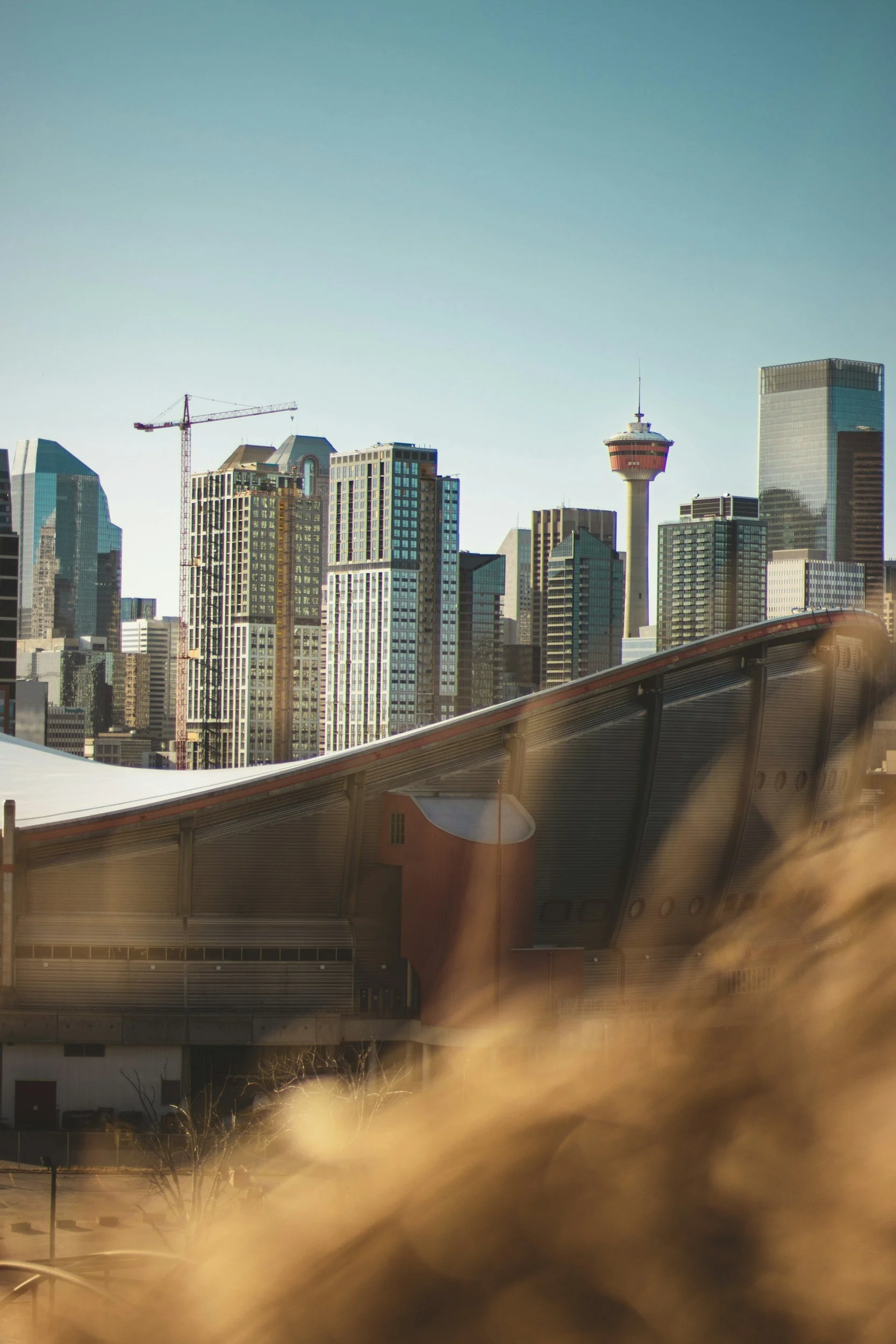 City skyline featuring tall skyscrapers and a tower with a circular observation deck, with a large, curved modern building in the foreground and some construction cranes visible.
