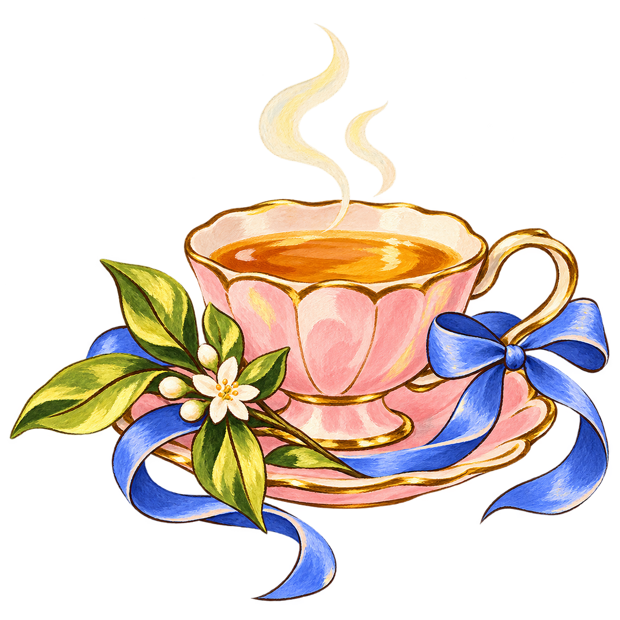 Steaming tea in a pink scalloped cup and saucer with green leaves, white blossoms and a blue bow.