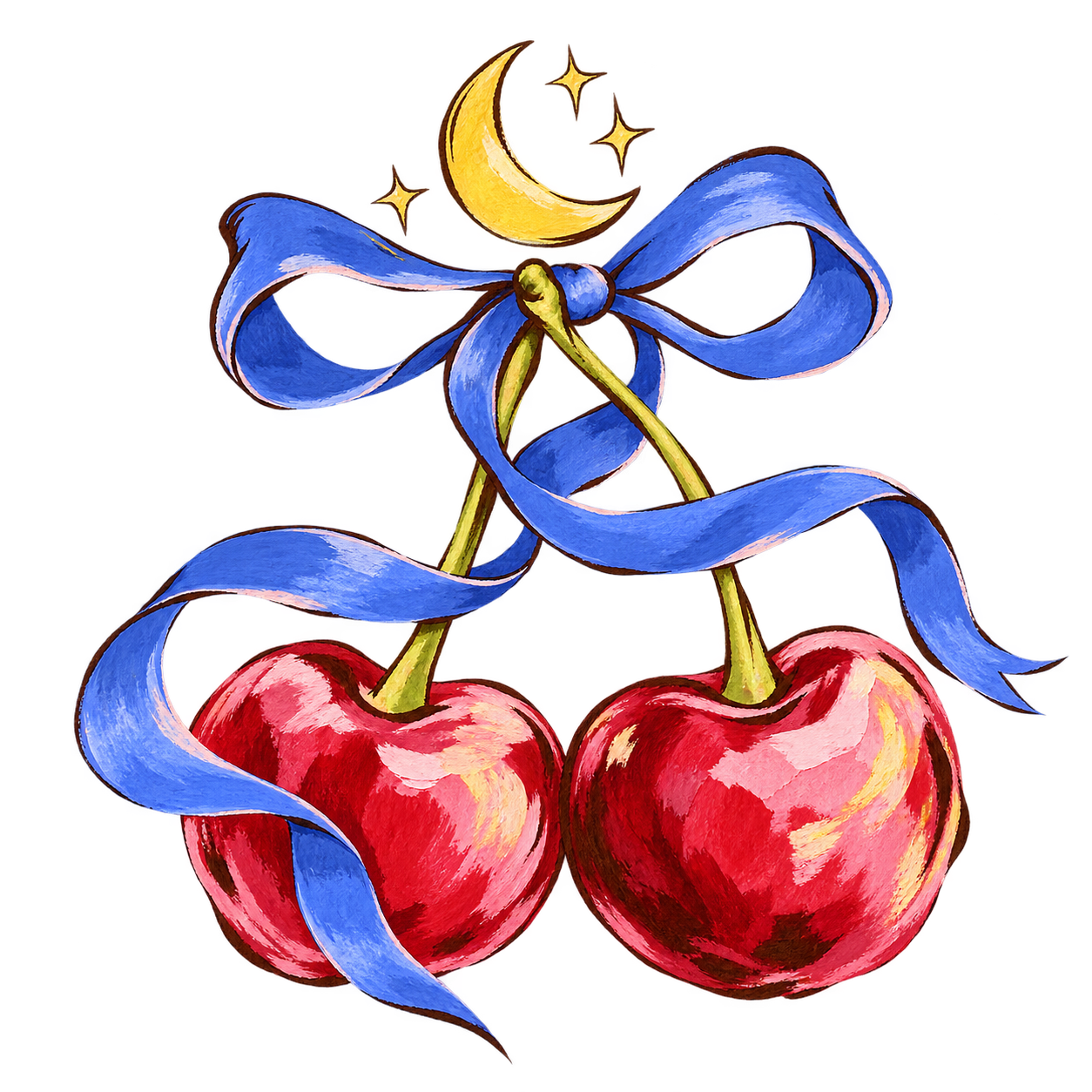 Hand-painted red cherries tied with a blue ribbon beneath a golden crescent moon and stars, to describe hormones & menstrual health like PMS, PMOS, Perimenopause.