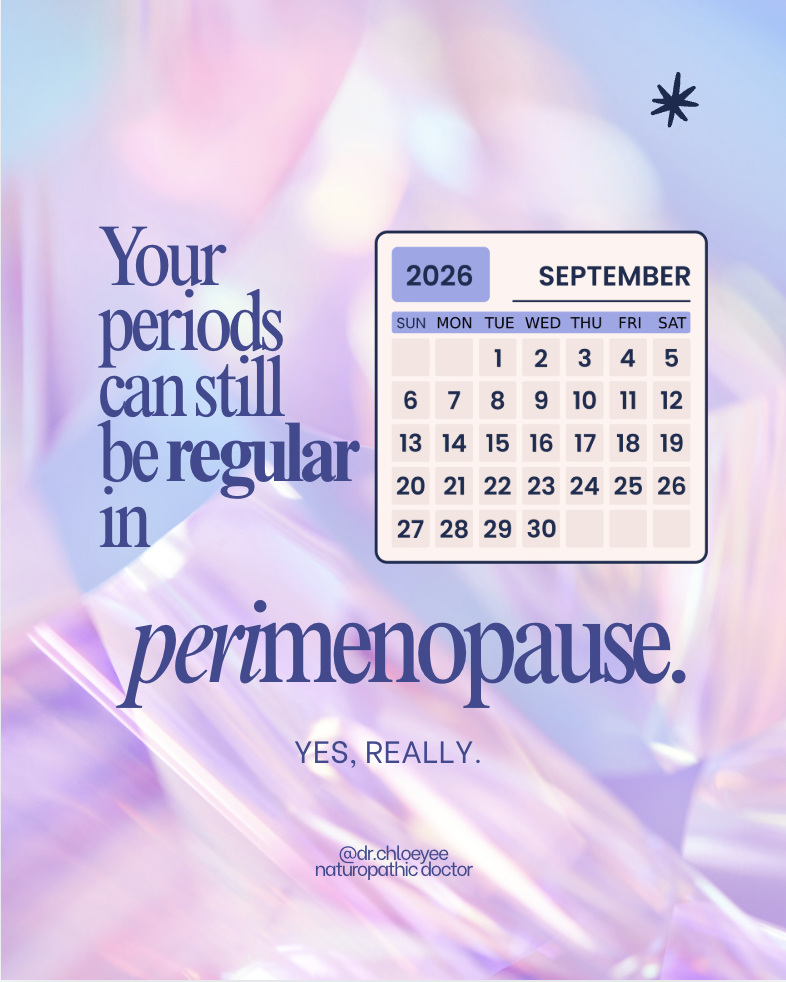 Your periods can still be regular in perimenopause. Educational graphic featuring a calendar on a pink and blue pastel background.