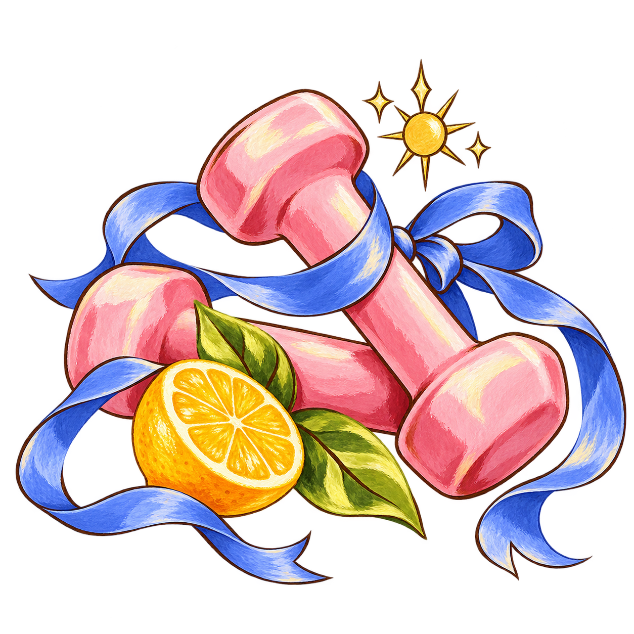 Hand-painted pink dumbbells with an orange half, green leaves, a blue ribbon and golden sun, to describe energy and metabolic health concerns like cardiovascular and metabolic syndrome.
