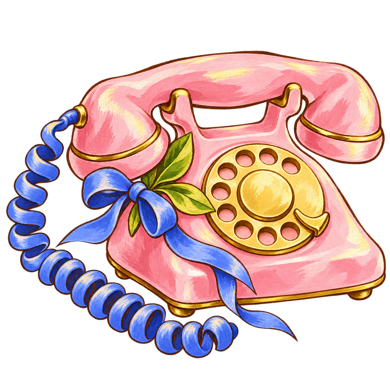 greet  Vintage pink rotary telephone with a gold dial, blue cord and ribbon bow.