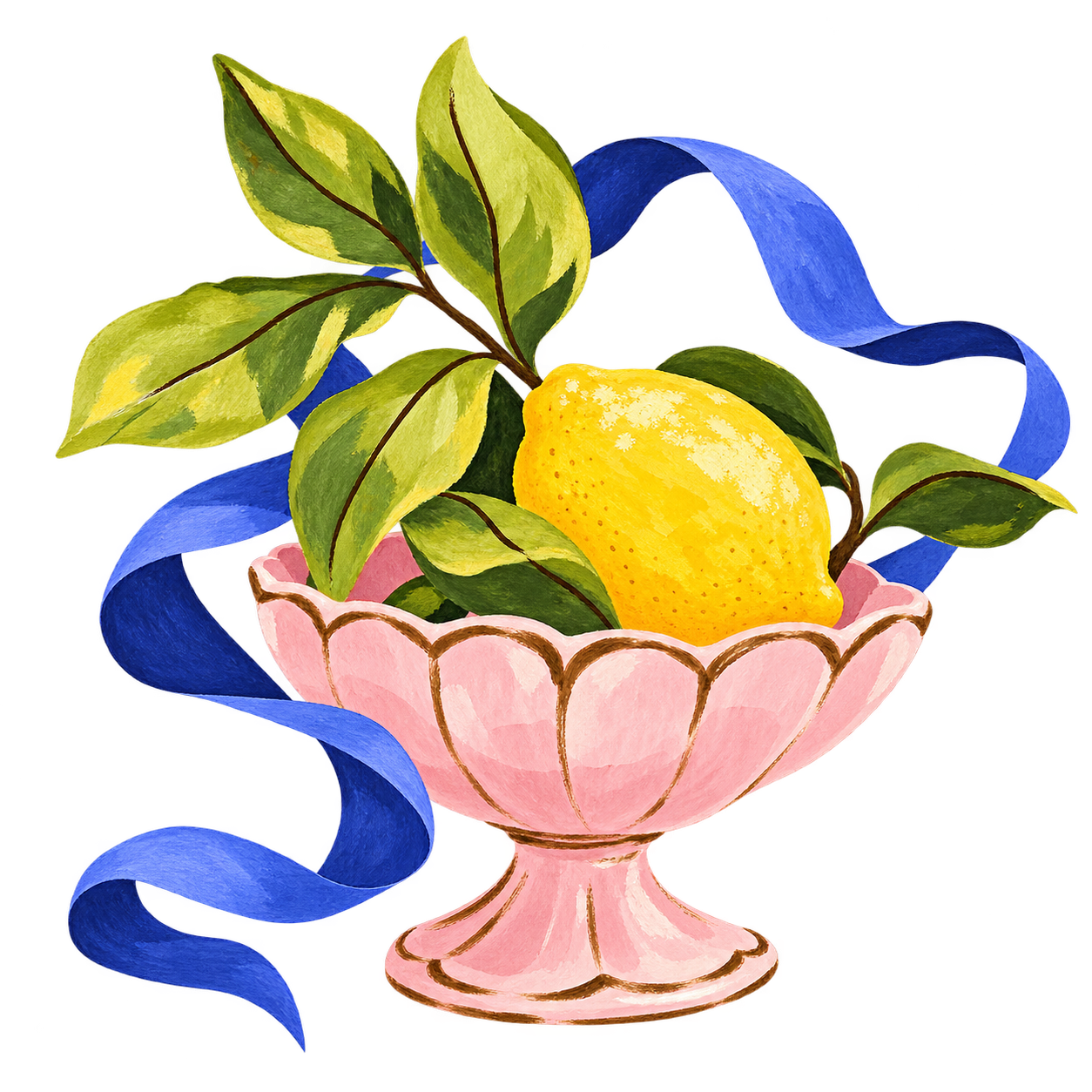 Hand-painted lemon and green leaves in a pink scalloped pedestal bowl, surrounded by a blue ribbon, to describe digestion & skin concerns like IBS, acne, and psoriasis.
