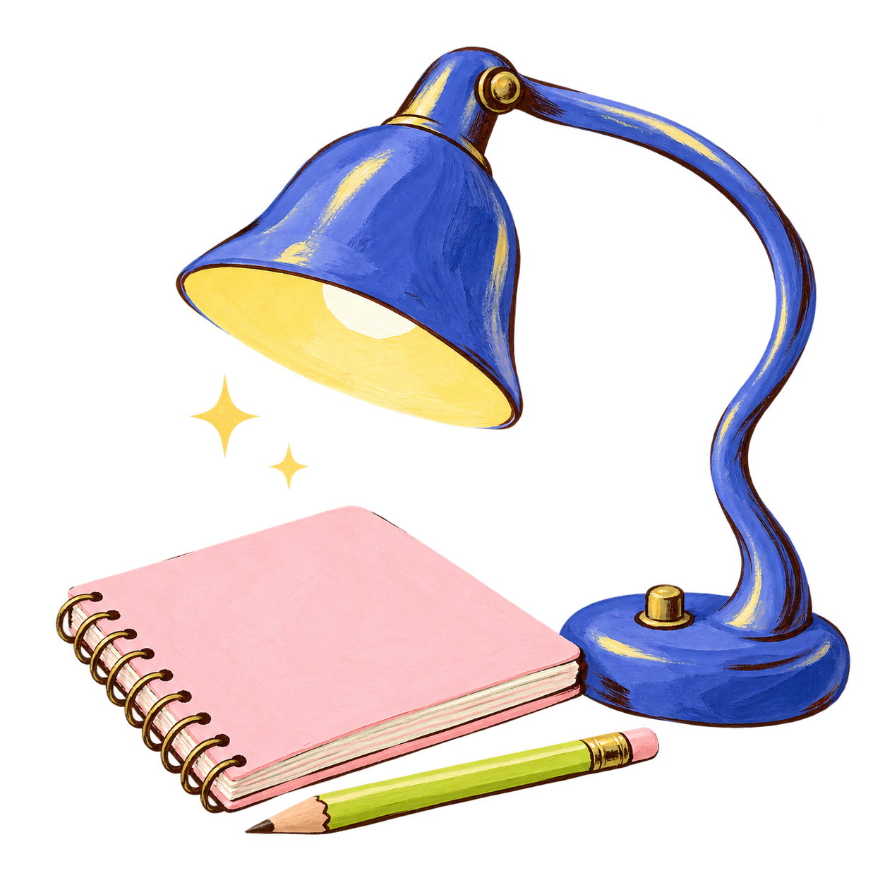   Blue desk lamp illuminating a pink spiral notebook and green pencil in a hand-painted illustration, to describe focus and mood concerns like ADHD, anxiety, and addiction. 