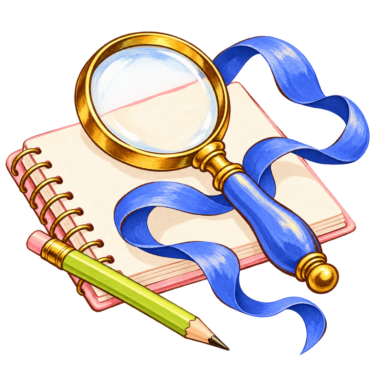 Gold magnifying glass resting on an open pink notebook beside a green pencil and flowing blue ribbon.