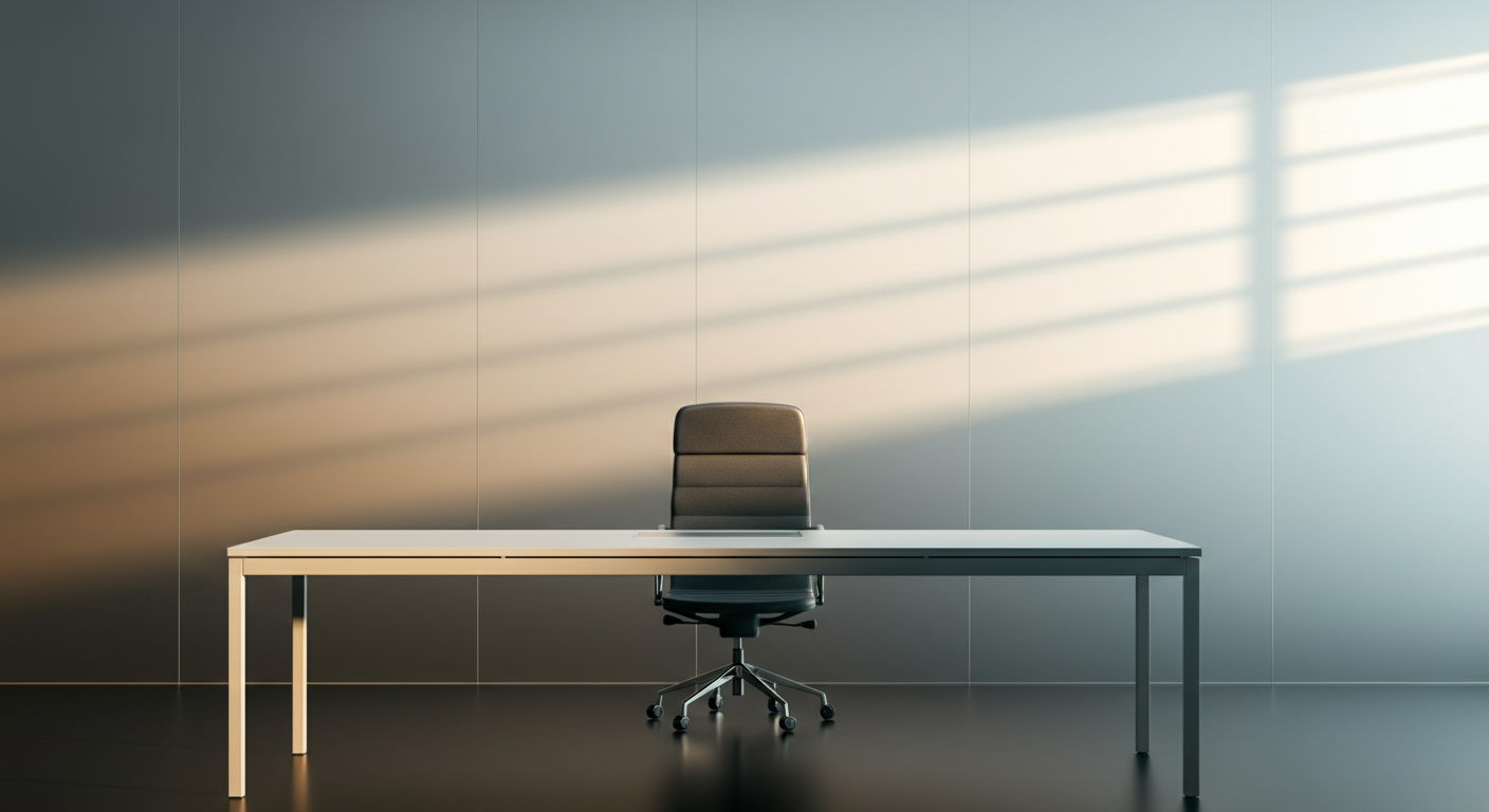 Empty office with a white desk and a black elf-style chair, illuminated by sunlight through window blinds.