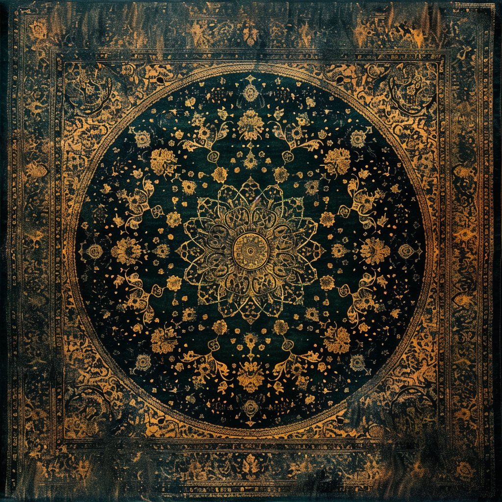 A detailed, ornate black and gold patterned rug or tapestry with intricate floral and geometric designs.