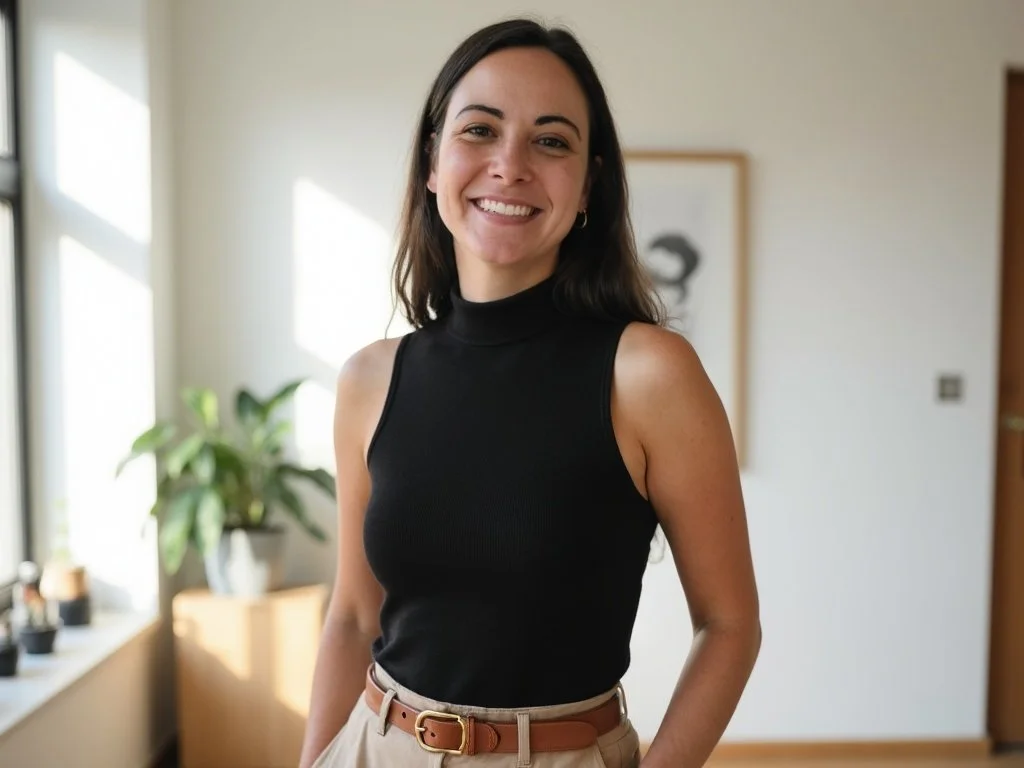 A woman with dark hair smiling, wearing a sleeveless black turtleneck top and beige pants with a brown belt, standing indoors with plants and framed artwork in the background.