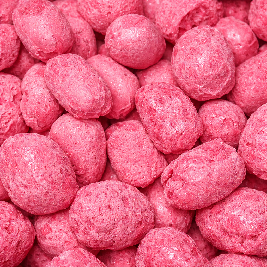 Close-up of pink coated candies, likely chewing gum or mints.