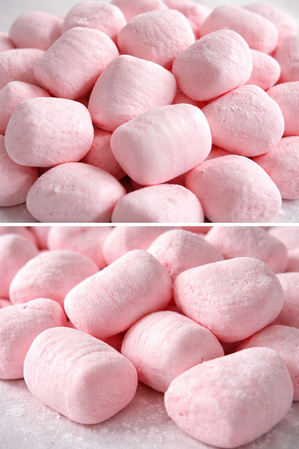 Close-up image of pink marshmallows piled together.