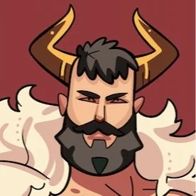Cartoon character with black hair, a beard, and large horns on his head, wearing a beige cloak against a reddish background.