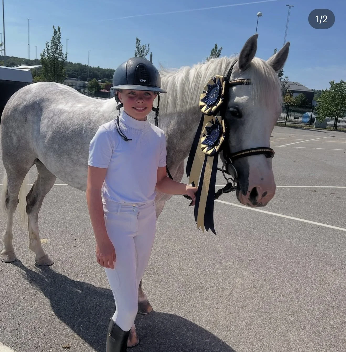A young girl in white riding attire, wearing a black riding helmet, standing next to a white horse with a decorated ribbon on its bridle, in a parking lot on a sunny day.