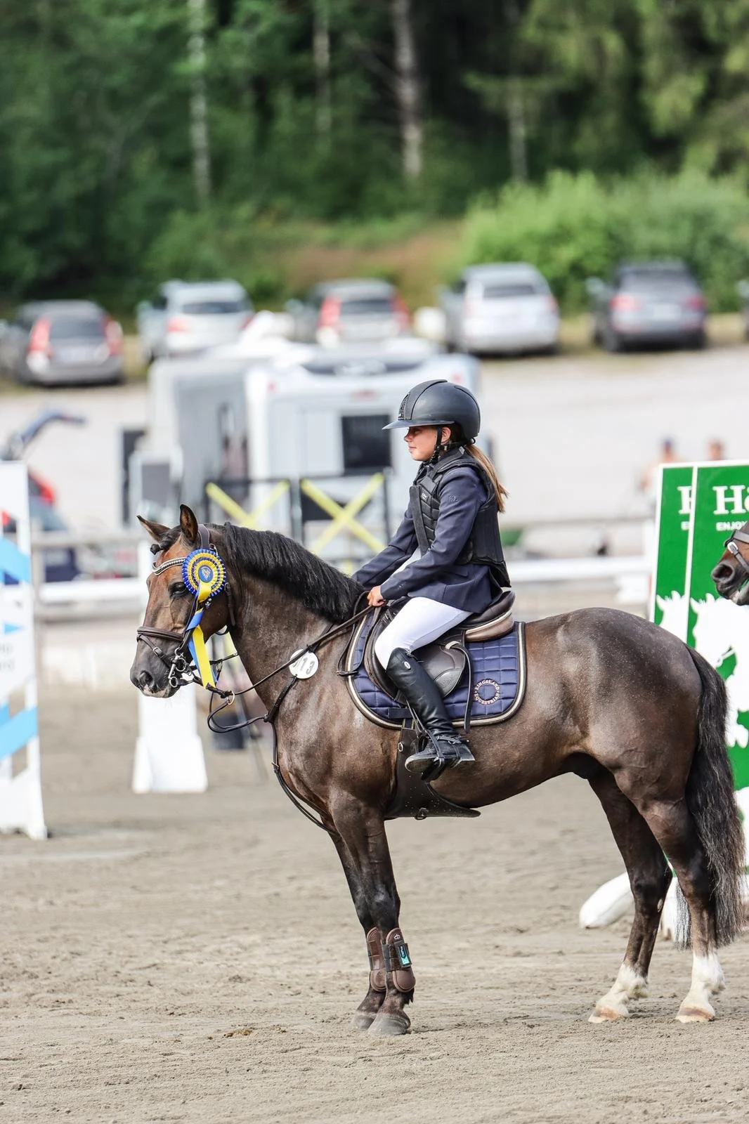 A young female equestrian rider in riding attire with a helmet, sitting on a brown horse with a blue ribbon, during a show jumping event at an outdoor arena. The background shows parked cars and green trees.