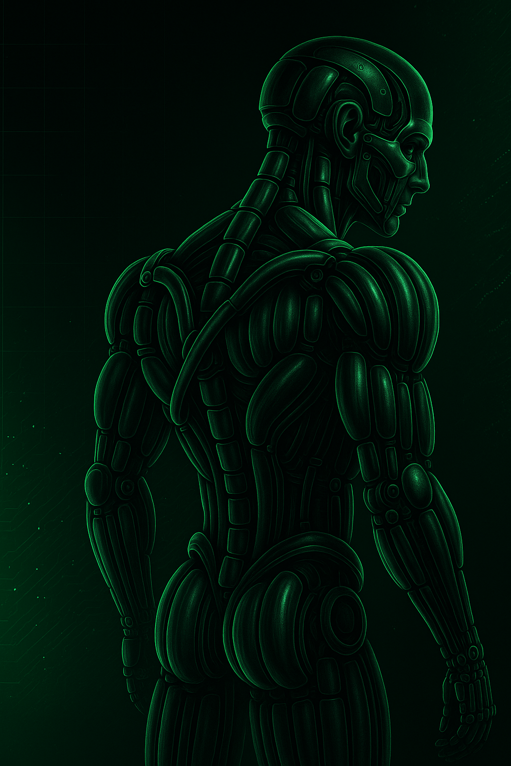 A futuristic, robotic humanoid figure with a sleek, neon green outline, facing sideways with a detailed mechanical body and cybernetic features.