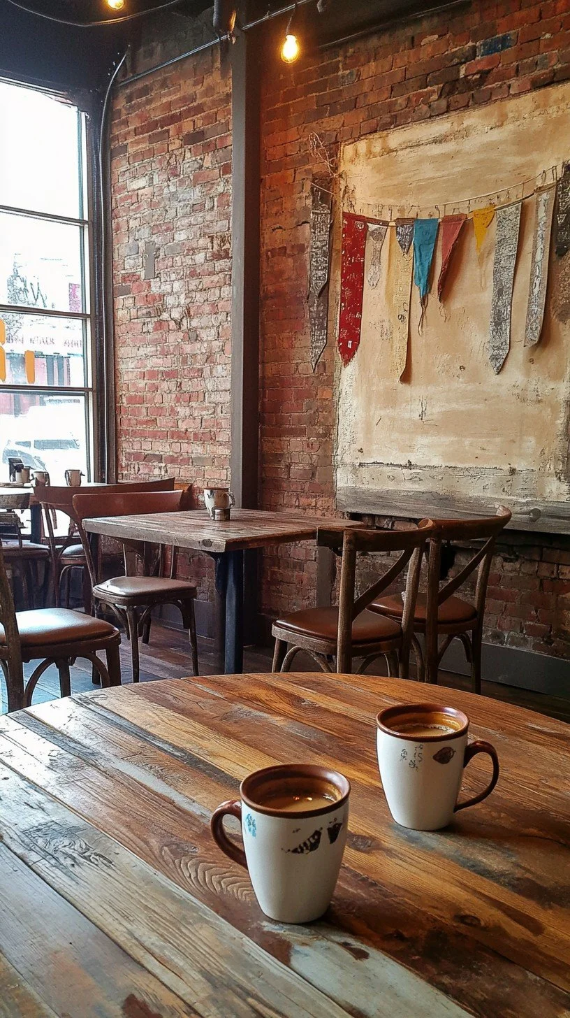 Interior of a cozy cafe with wooden tables and chairs, exposed brick walls, a large window letting in natural light, decorative fabric banners hanging on the wall, and two cups of coffee on the foreground table.