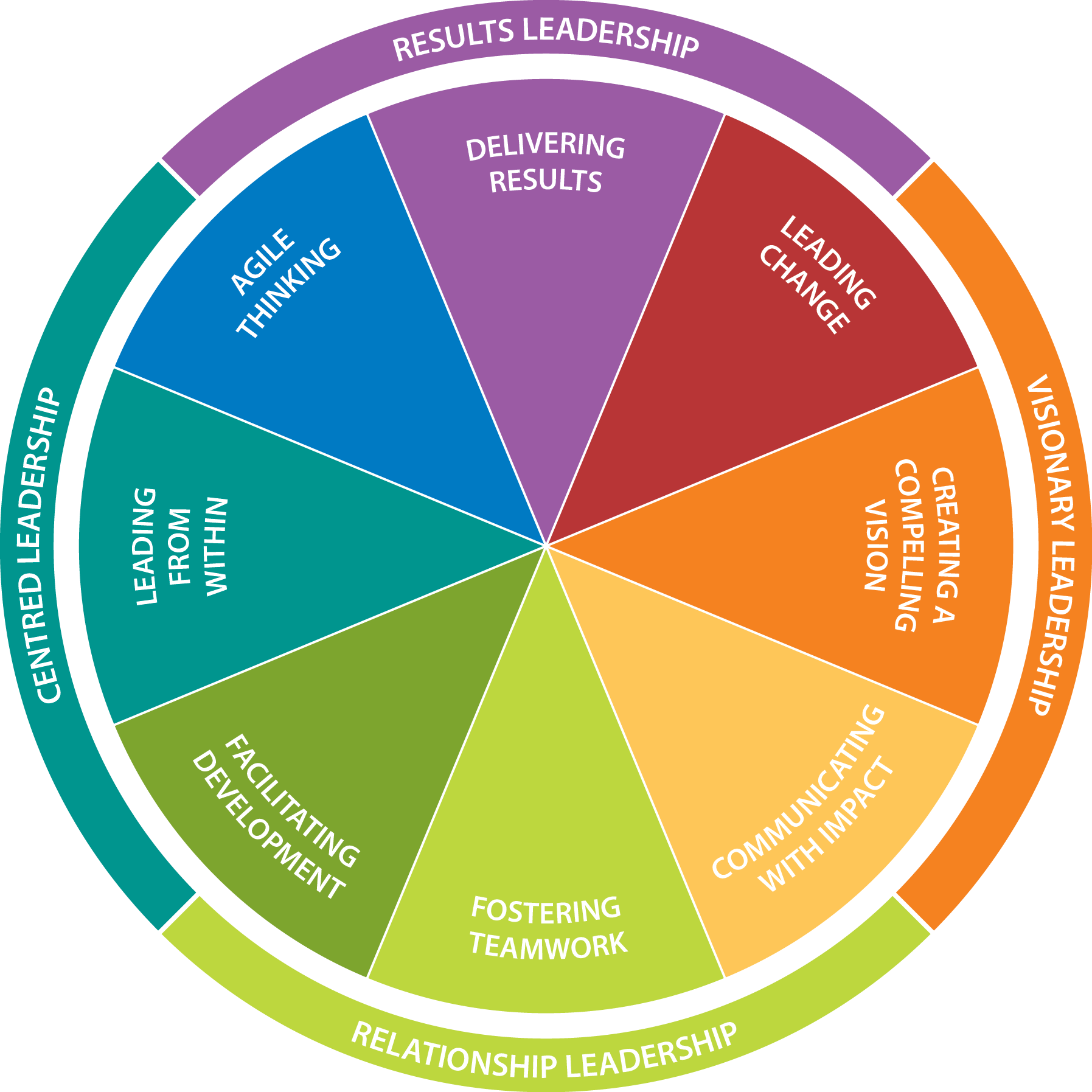 A colorful circular diagram with segments labeled 'Results Leadership,' 'Visionary Leadership,' 'Relationship Leadership,' and internal segments with qualities like 'Delivering Results,' 'Leading Change,' 'Creating a Compelling Vision,' 'Communicatin