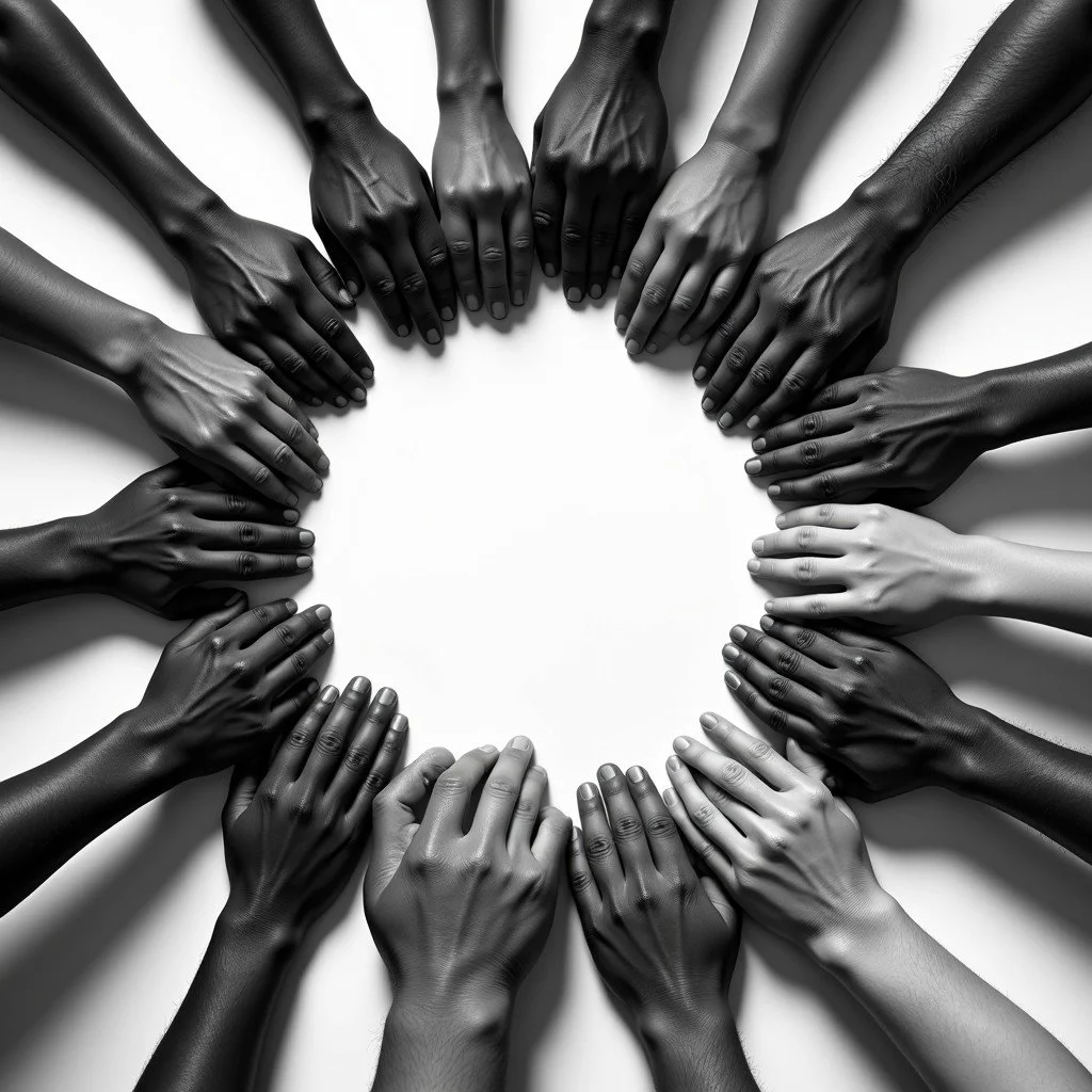 A circle of various shades of black-and-white hands with fingernails resting on a white surface.